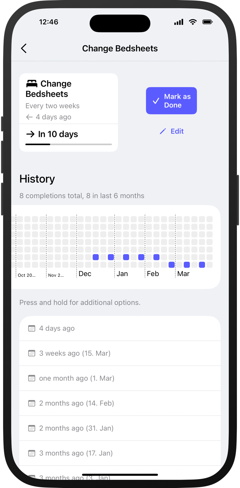 Dueful task history showing last completions