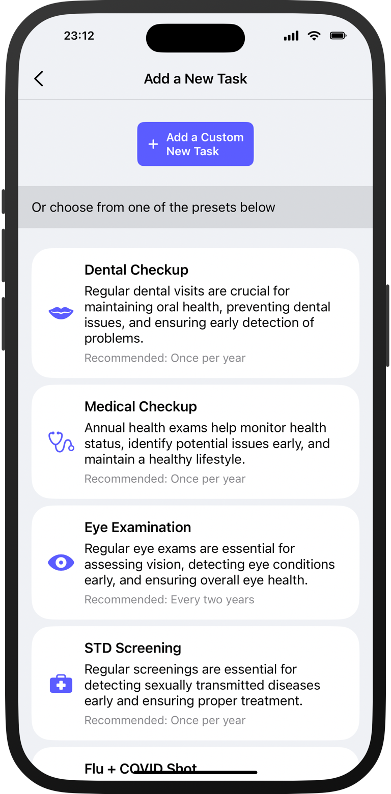 Dueful presets screen with common recurring tasks